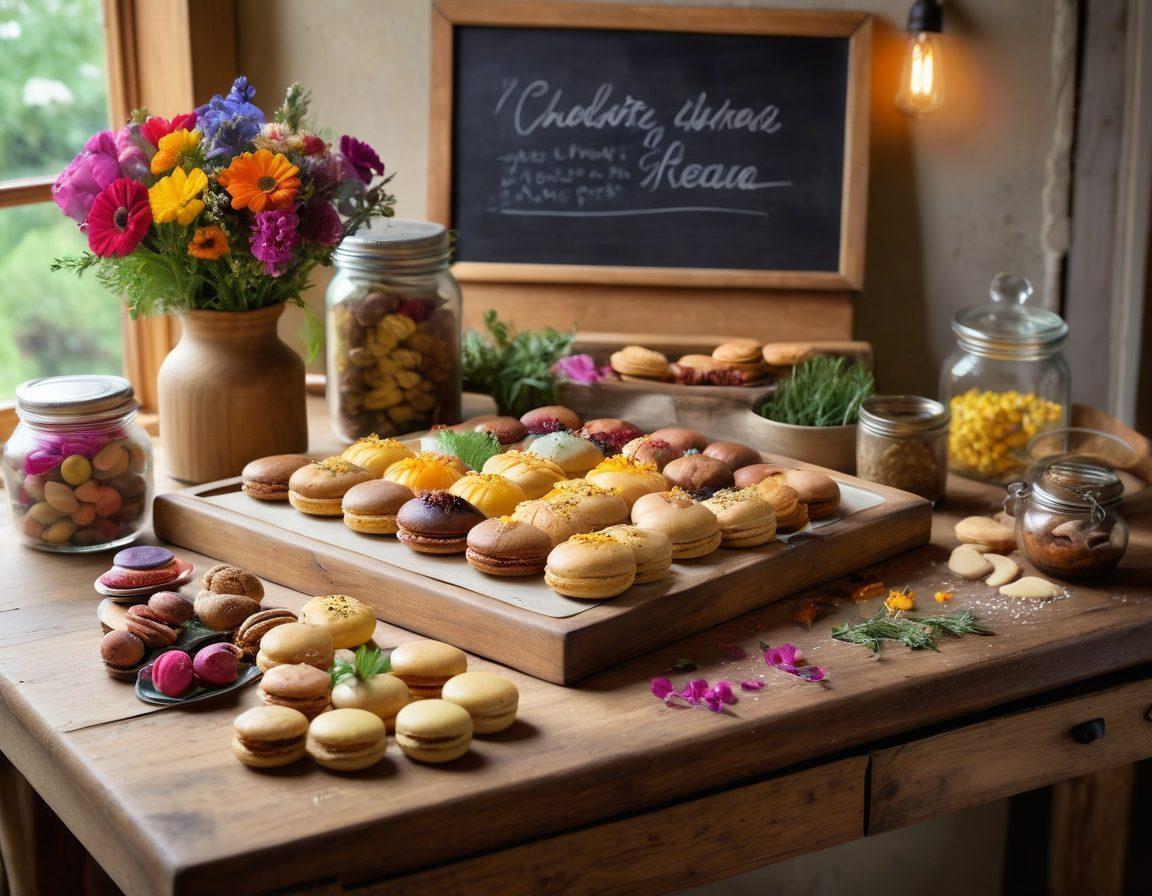 A beautifully set wooden kitchen counter showcasing an array of artisan treats: delicate pastries, vibrant macaroons, and hand-painted chocolates, with splashes of colorful edible flowers and fresh herbs. A rolling pin and flour dusting create a sense of creativity in action, while warm, soft lighting enhances the inviting atmosphere. The background hints at a rustic kitchen with vintage tools and a chalkboard with handwritten recipes.  super-realistic. vibrant colors. warm lighting.