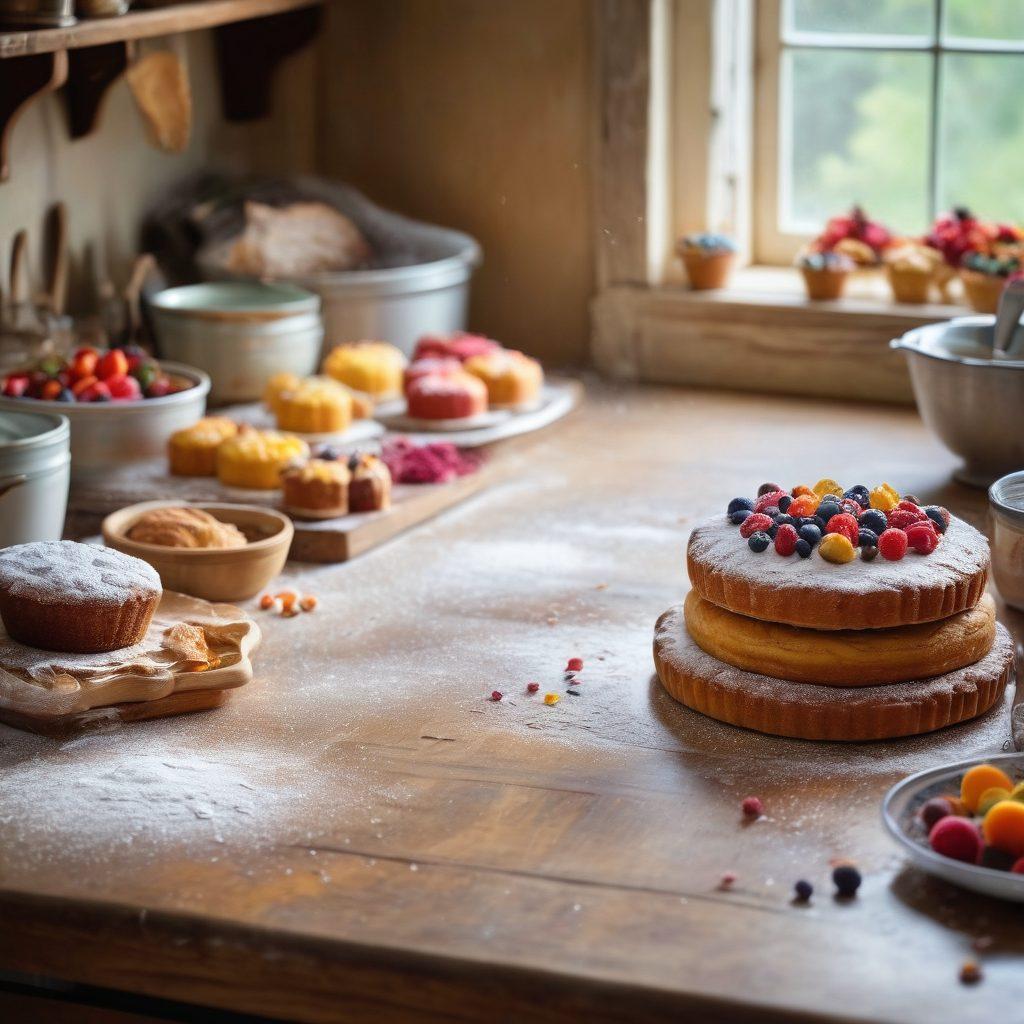 A beautifully arranged scene featuring an artisan baker in a rustic kitchen, showcasing gourmet desserts like intricate pastries, cakes with artistic toppings, and baked goods with vibrant colors. Flour dusting the work surface, a mixer in the background, and colorful ingredients spread out. Soft, natural lighting enhances the inviting atmosphere. super-realistic. vibrant colors. warm tones.