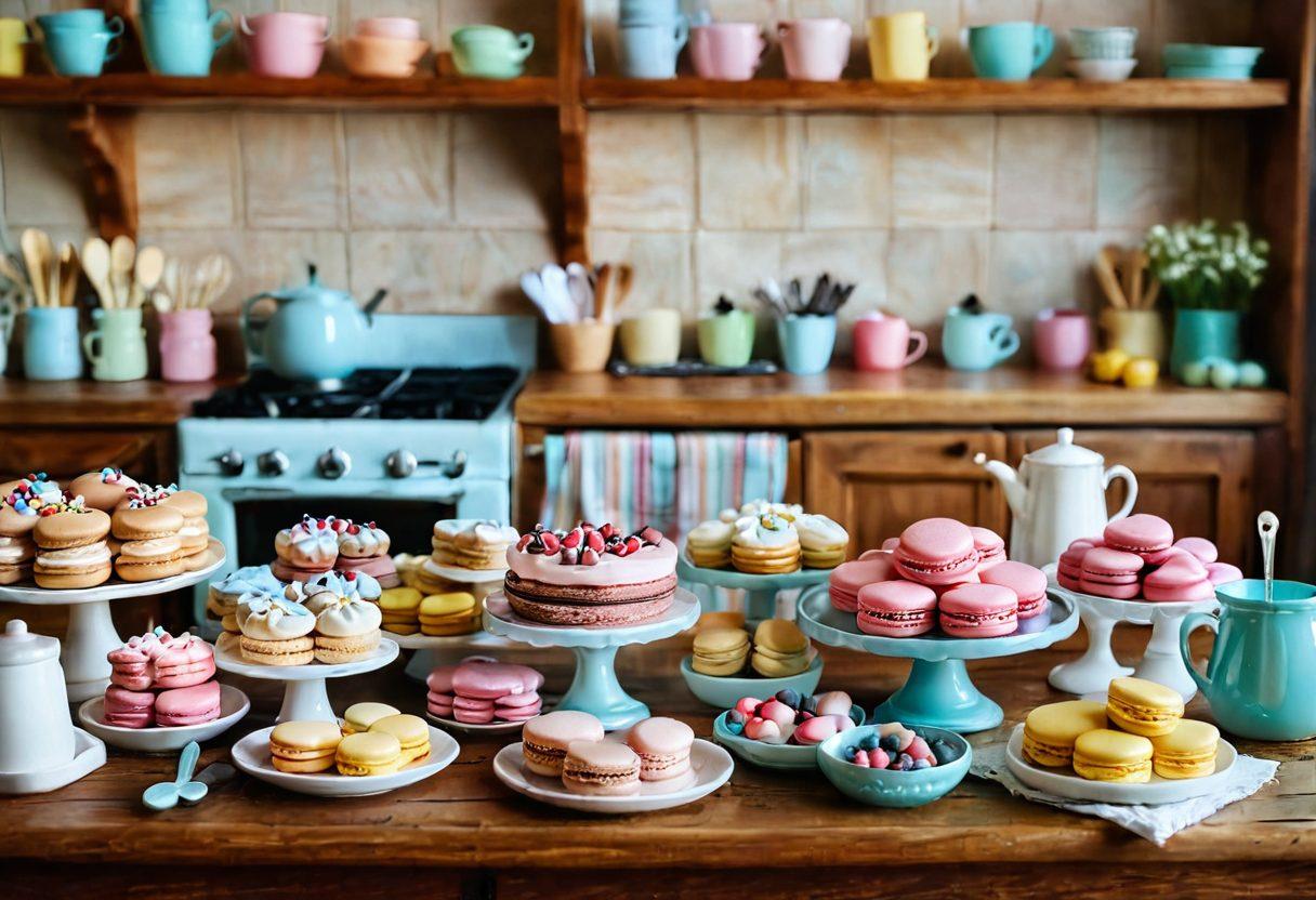 A cozy home kitchen setting featuring an array of gourmet desserts: beautifully decorated cakes, macarons, and pastries on a wooden table. Include a confident home baker in an apron, experimenting with colorful icing and fresh ingredients, surrounded by baking tools and recipe books. Soft natural lighting enhances the warmth and creativity of the scene. pastel colors. super-realistic.